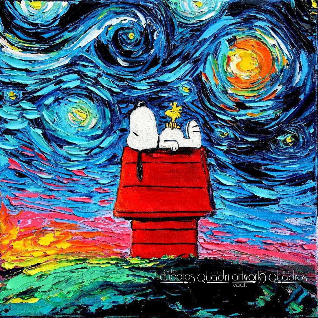 Snoopy en la noche estrellada, óleo