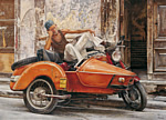 Arte realista de moto y hombre en Cuba.