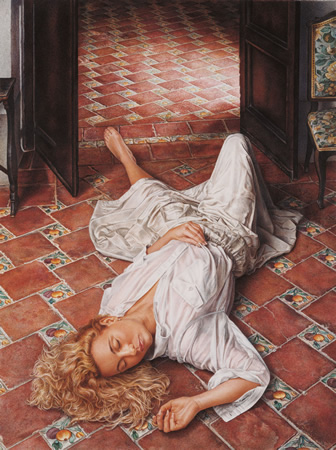 Obra de grabado a color, mujer en el suelo del umbral.